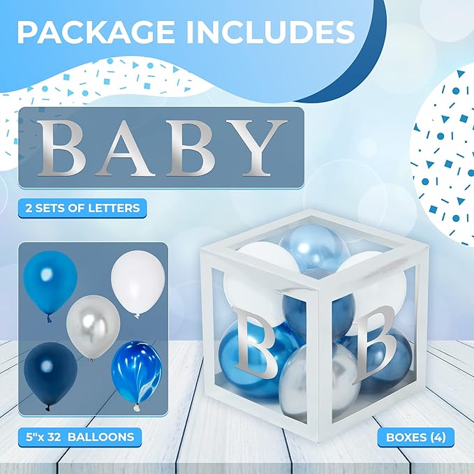 Baby Shower Boxes with Letters – Silver Boxes with Silver & Blue Balloons – 44-Piece Gender Reveal & Party Decoration Set by Vellax