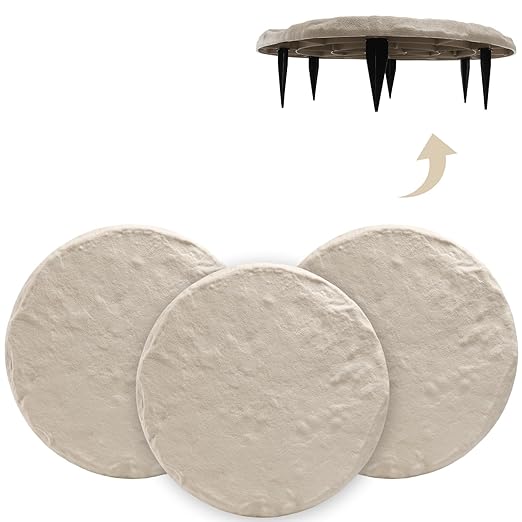4Pcs Round Beige Stepping Stones Outdoor Garden Walkway, Durable Plastic Pavers for Patio, Pathway, and Landscaping, Weatherproof Stepping Stones with Ground Stakes for Easy Installation