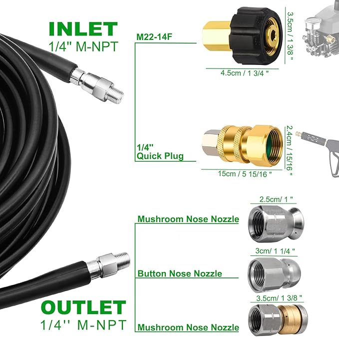 70FT Sewer Jetter Kit for Pressure Washer, 5800PSI Drain Cleaner Hose 1/4 Inch NPT, Corner, Rotating and Button Nose Sewer Jetting Nozzle Waterproof Tape Pearl Corsage Pin with 2Pcs Spanner