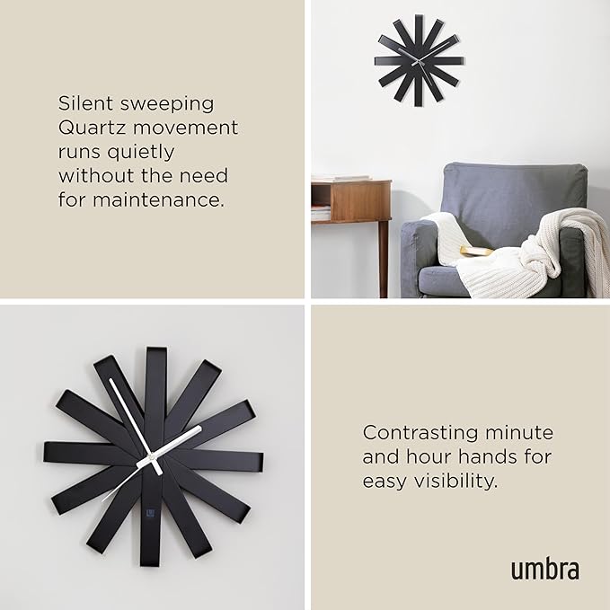 Umbra Ribbon Modern 12" Wall Clock, Silent Non Ticking Battery Operated Quartz