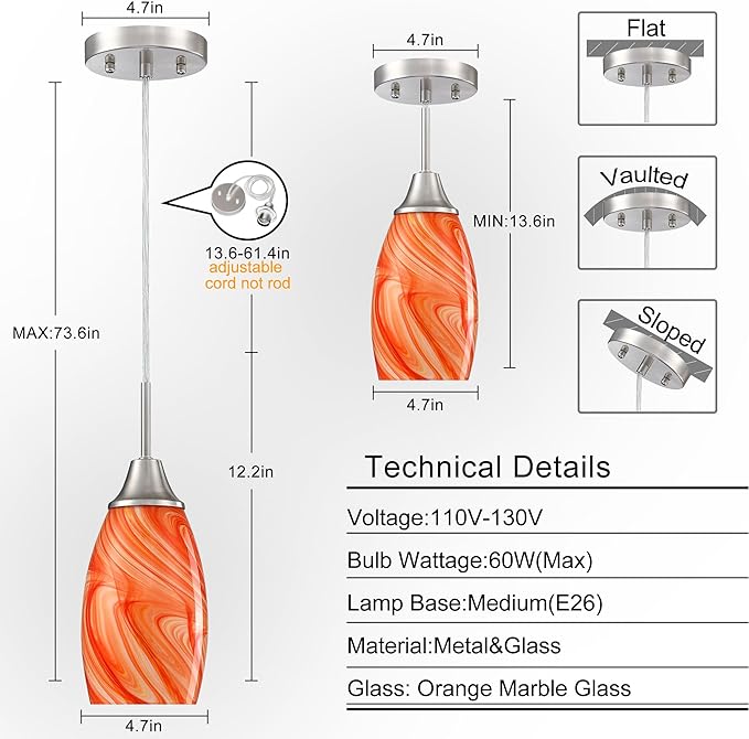 Mini Glass Pendant Light 4.72" with Handblown Orange Marble Art Glass Hanging Light 3-Pack Oval Ceiling Hanging Light Fixture for Dining Room Kitchen Island Cafe Foyer Hallway