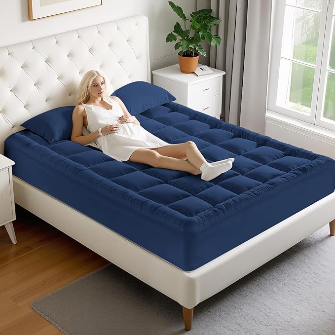 MATBEBY California King Mattress Pad - Cooling Breathable Mattress Topper, Quilted Fitted Mattress Protector, Pillow Top Mattress Cover with 8-21" Deep Pocket, Machine Washable, Navy Blue, Cal King