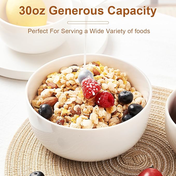 Jassceram Cereal Bowls Set of 6, 30 Oz Ceramic Bowls for Soup, Salad, Dessert, Oatmeal and Breakfast, Suitable for Kitchen or Dining - Dishwasher & Microwave Safe, 6 Inch, White