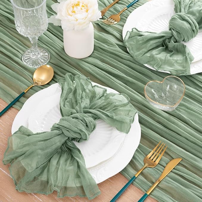 MLMC 8 Pack Sage Green Table Runner 10ft Rustic Gauze Cheesecloth Table Runner 35x120 Inches Cheese Cloth for Boho Wedding Bridal Shower Centerpiece Decor