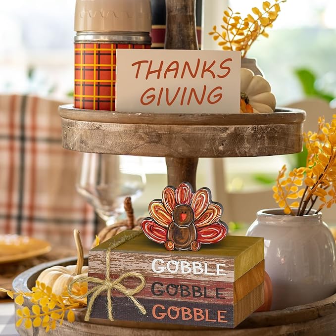 Smile Thanksgiving Wooden Decor Indoor, Turkey Decor Gobble Faux Books Bundle, Thanksgiving Table Tiered Tray Kitchen Decorations