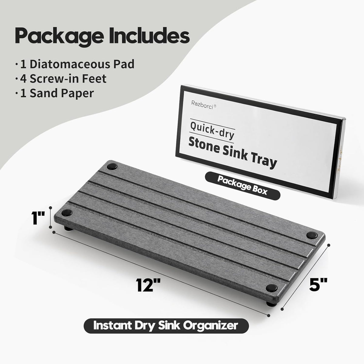 Instant Dry Sink Caddy Kitchen Sink Organizer, Quick Drying Stone Tray Diatomite Sponge Holder Soap Dish, Bathroom Countertop Fast Dry Water Absorbing Vanity Rack, Dark Gray,12" x 5"