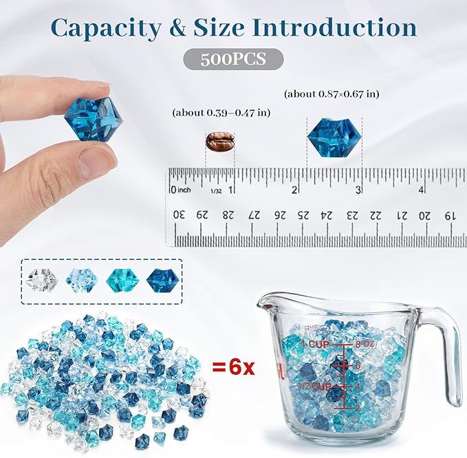 DomeStar 500PCS Assorted Blue Fake Ice Rocks Vase Fillers, Aquarium Gravels Small Stones for Fish Tanks Decorations Home Table Scatter