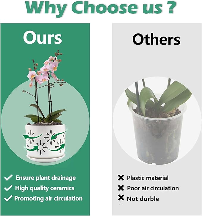 EFISPSS Orchid Pot 5+6 Inch, Ceramic Orchid Pots with Holes, Enhance Good Ventilation and Drainage, Orchid Pots Indoor/Outdoor Plants or Repotting -White