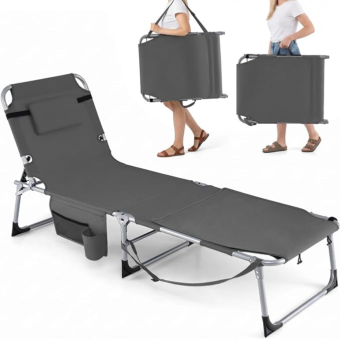 Giantex Tanning Chair, 330Lbs Patio Lounge Chair with 5 Adjustable Position, Face & Arm Hole, Hand/Shoulder Strap, Removable Pillow, Side Pocket, Chaise Lounger for Beach Sunbathing Outdoor, Grey