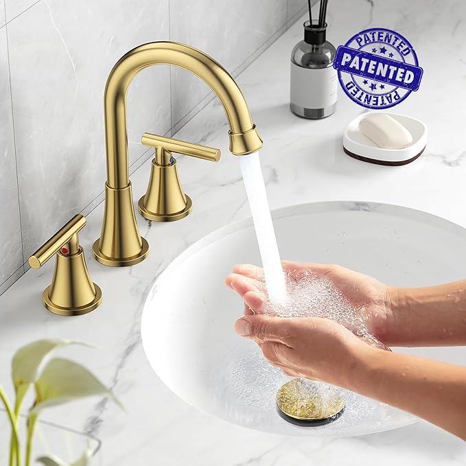 Bathroom Faucets for Sink 3 Hole, Hurran Brushed Gold Bathroom Sink Faucet with Pop-up Drain and Supply Lines, Stainless Steel Lead-Free Widespread Faucet for Vanity RV, 2 Pack