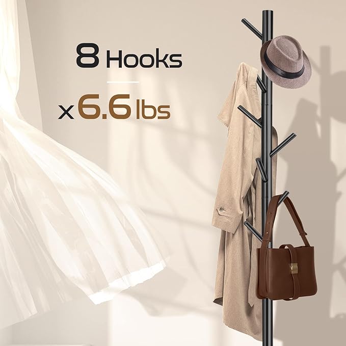 2PCS Solid Wooden Coat Rack Freestanding, New Zealand Pine Coat Tree with 8 Hooks & 3 Adjustable Sizes for Coats, Hats, Handbags and Scarves, Space Saving for Entryway/Office/Bedroom (Black)