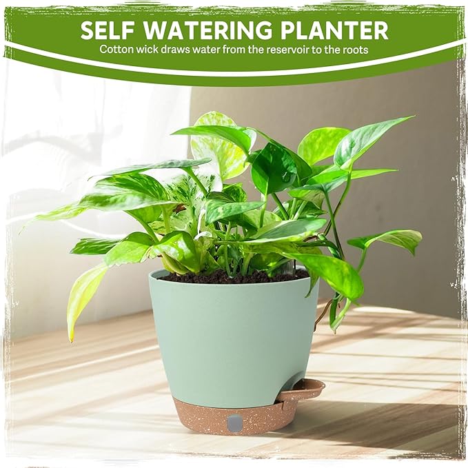 Self-Watering Pots for Indoor Plants with Visible Water Window,5/6/6.5/8/10 Inch Outdoor Flower Pots with Drainage Holes & Reservoir for Patio, Home Decor (Green)