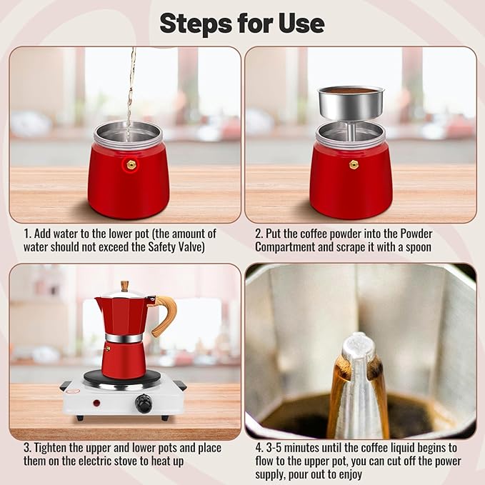 3 Cup Aluminum Moka Pot Classic Stovetop Espresso Coffee Maker 150ml 5oz Coffeemaker Percolator Mocha Pot Greca Coffee Maker Cafe Makers for Italian and Cuban Café Brewing Red