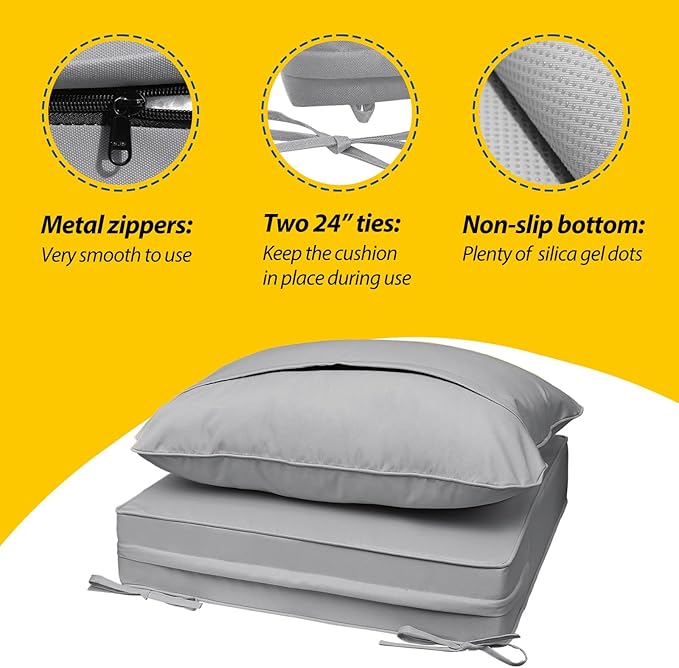 AAAAAcessories Outdoor Seat Cushions for Chairs, Fade-Resistant, Waterproof Patio Furniture Replacement Cushions, 22" x 22" x 3" + 22" x 17", Gray