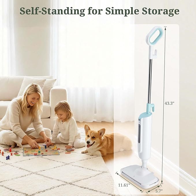 Steam Mop for Floor Cleaning, Lightweight Floor Steamer for Hardwood, Tile, Laminate & Carpet, Quick-Heat Steam Cleaner with Visible Water Tank and 2 Washable Pads, White and Green