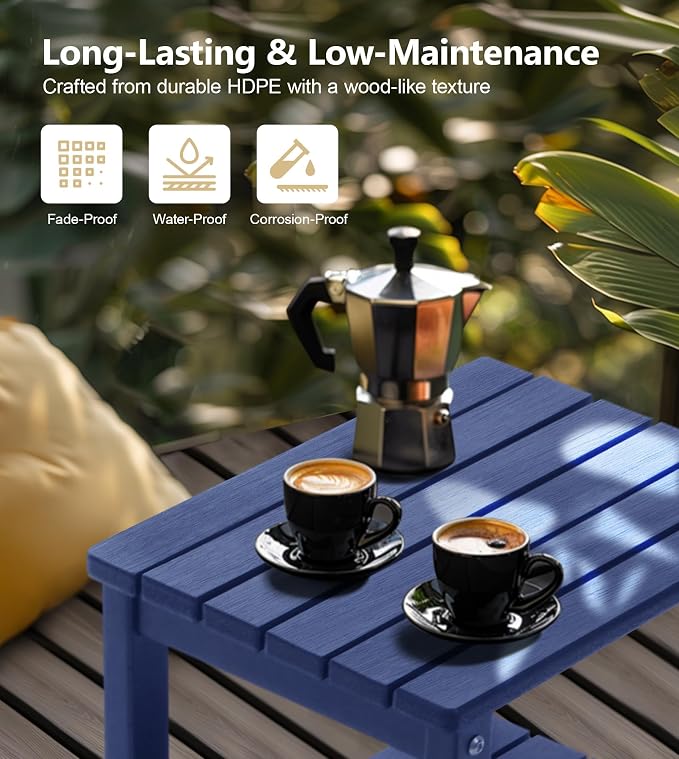 PASAMIC 2-Tier Adirondack Square Outdoor Side Table, HDPE Small Outdoor Table, Patio End Table for Patio, Pool, Backyard, Weather-Resistant (Navy Blue)