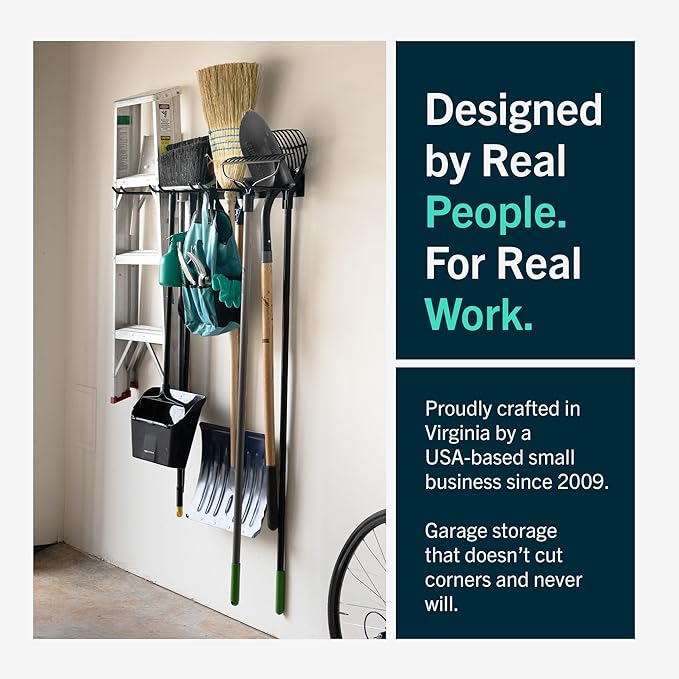 StoreYourBoard Wall-Mounted Rack With 4 Garage Hooks – Heavy-Duty Steel Holder Garage & Garden Storage for Shed, Workshop, or Home Organization – For Rakes, Shovels, Tools & More – 1 Pack, Deep Water