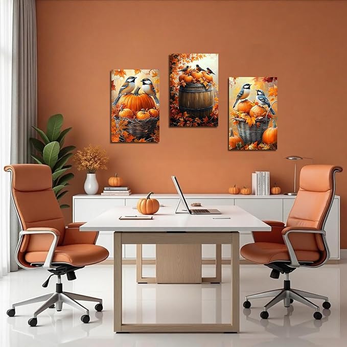 YMXDYMJSW Autumn Wall Art 3 Pieces Pumpkin with Sparrows Picture Prints Fall Harvest Birds Canvas Painting Thanksgiving Theme Artwork for Farmhouse Decor Frame (Yellow,12.00" x 16.00" x 3PCS)