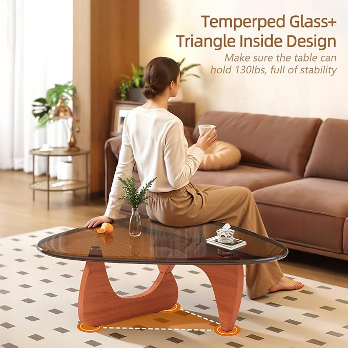 Coffee Table for Living Room Mid Century Modern Center Small Table with Glass Top and Wood, Walnut Brown(45 Inch)