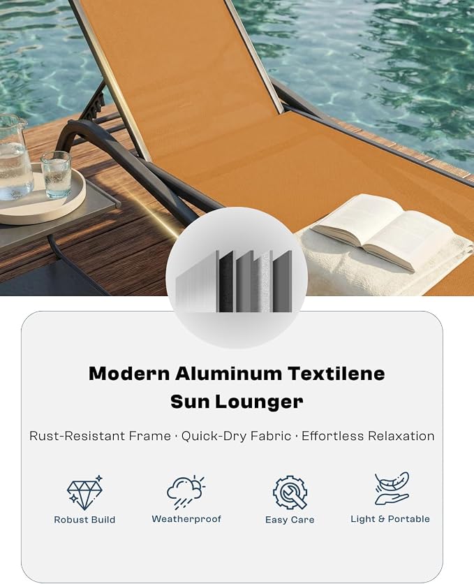 Adjustable Patio Chaise Lounge Chair, Outdoor Pool Lounger for Sunbathing & Tanning, All-Weather Textilene Sun Bed for Beach, Porch & Deck, Rust-Proof Aluminum Frame, Solar Orange