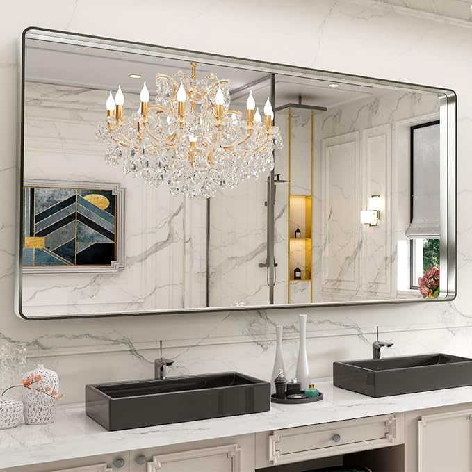 LOAAO 84X32 Inch Brushed Nickel Bathroom Mirror, Rounded Rectangle Silver Metal