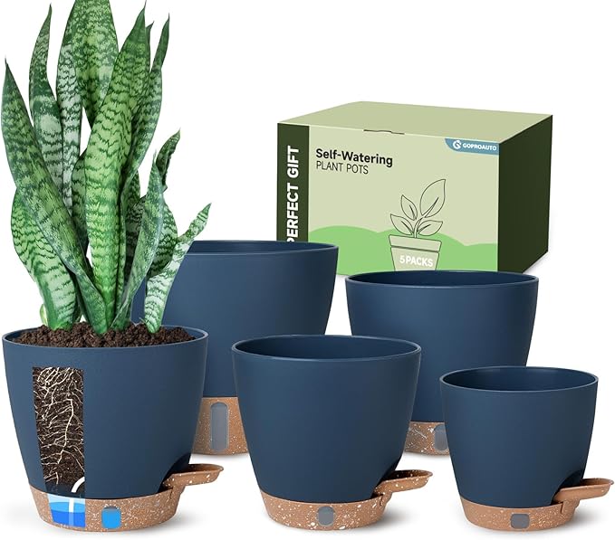 Self-Watering Pots for Indoor Plants with Visible Water Window,5/6/6.5/8/10 Inch Outdoor Flower Pots with Drainage Holes & Reservoir for Patio, Home Decor (Blue)