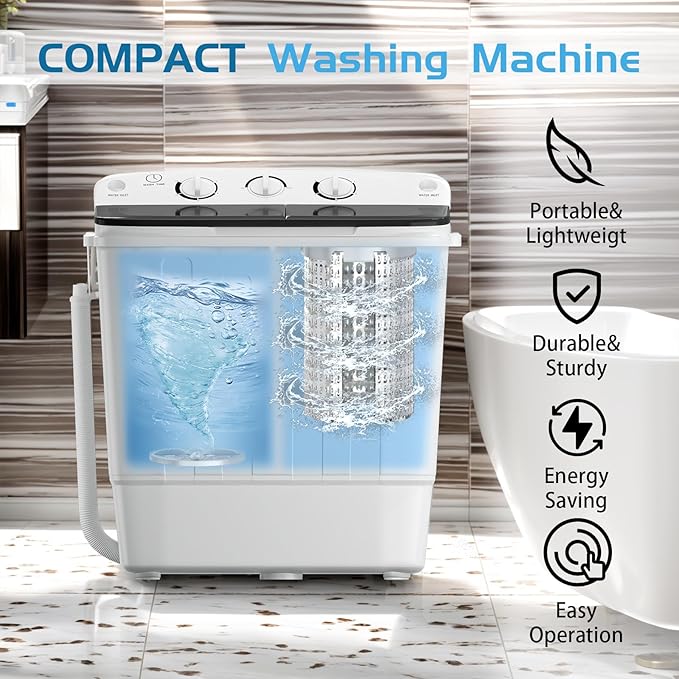 Portable Twin Tub 18lbs Washing Machine with Drying Rack and 10 Hangers, 11lbs Washer Mini Compact Laundry Machine with 7lbs Spinner, Semi-automatic Washer Combo for Dorms, Apartment