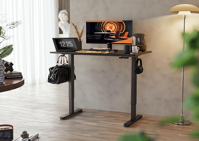 Claiks Electric Standing Desk, Adjustable Height Stand up Desk, 48x24 Inches Sit Stand Home Office Desk with Splice Board, Black Frame/Black Top