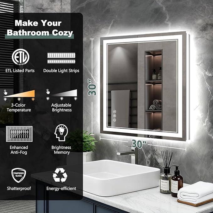 30x30 Inch LED Bathroom Mirror