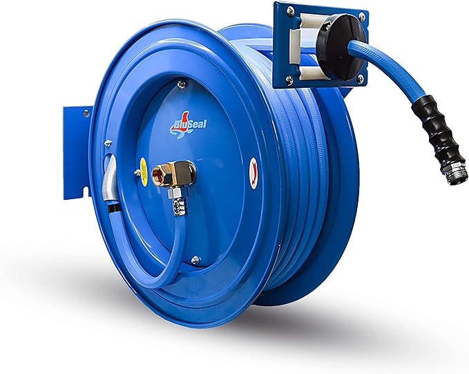 BLUSEAL BSWR1250HRS Retractable Hose Reel with 1/2" x 50' Hot Water Rubber Hose, 6' Lead-in, Hose Reel Swivel Mount, 9 Pattern Spray Nozzle