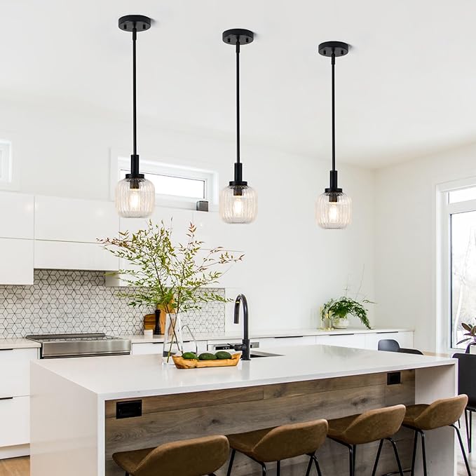 Glass Pendant Lights Kitchen Island, 1-Light 5.9" Black Modern Pendant Light with Clear Glass and Rods, Mini Hanging Lighting for Kitchen Sink Bathroom Bedroom, OS-YQ7749-1PBK