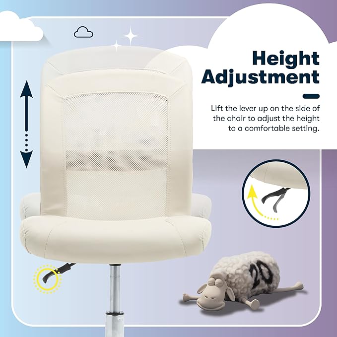 Serta Essential Armless TaskChair, Small Desk Chairs with Wheels, Breathable Mesh Back and Faux Leather, Quality Foam Cushion Seat for Comfort, Minimal Design for Vanity Table, Cream White