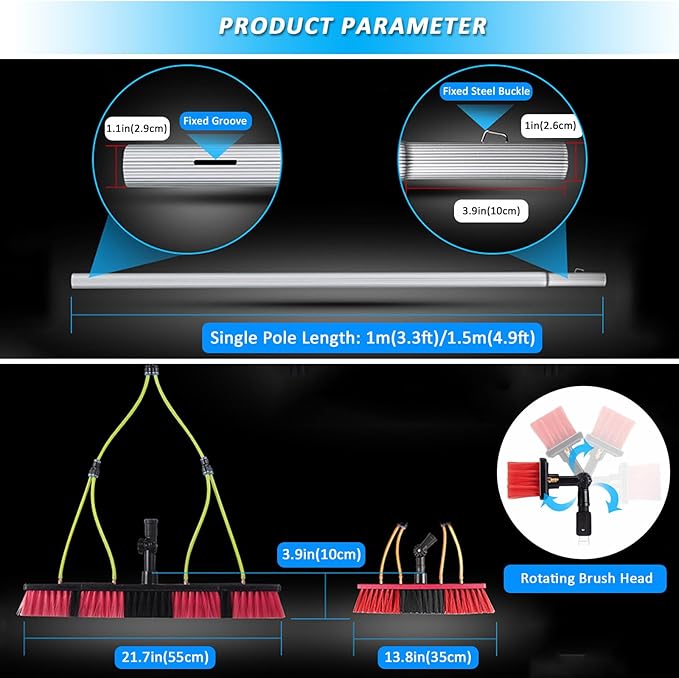 Window cleaning pole 3~12m extendable window cleaning kit window cleaning pole steel buckle fixing, easy to install,with 20m water supply hose 50cm water hole large brush head Roof Cleaning Tools