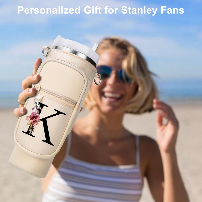 LOKASS Personalized Water Bottle Holder with Strap for Stanley Cup Accessories 40 oz, Initial Stanley Cup Holder Carrier Bag with Phone Pocket, Stylish Tumbler Accessories for Everyday Carry, Beige G