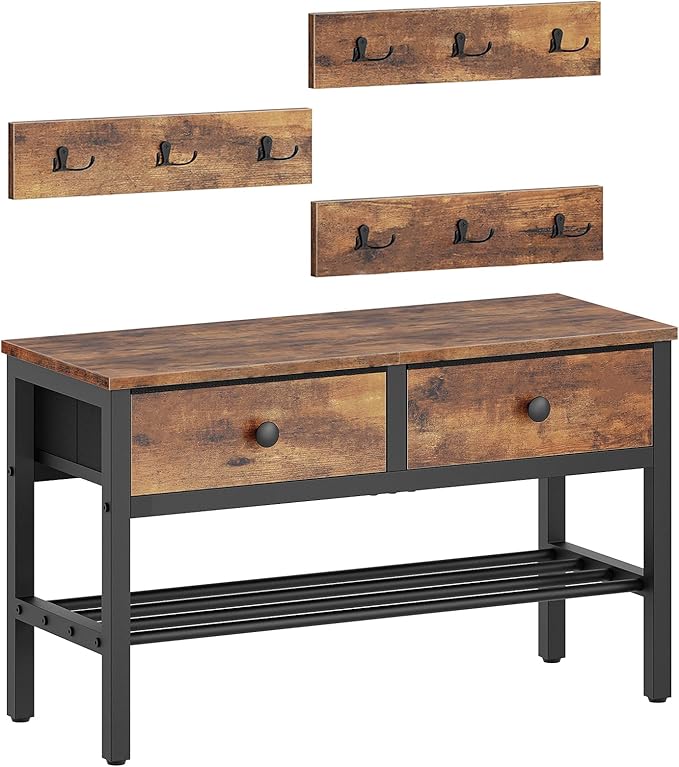 Hall Tree with Bench and Shoe Storage, Entryway Bench with Coat Rack, 4-in-1 Coat Rack Shoe Bench, Multifunctional, for Front Door, Hallway, Foyer, Rustic Brown and Black MT05BR