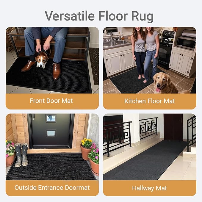 Outdoor Entry Rubber Rug, 6'x2' Commercial Heavy Duty Rubber Large Exterior Door Mat, Industrial Non-Slip Waterproof Welcome Floor Mats for Garage, Kitchen, Patio, Black 72" x 24"