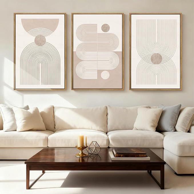 Anyzal Extra Large Boho Abstract Wall Art 24x36 Inch Framed Minimalist Neutral Canvas Wall Decor Pink White Modern Artwork for Living Room Bedroom Office Set of 3