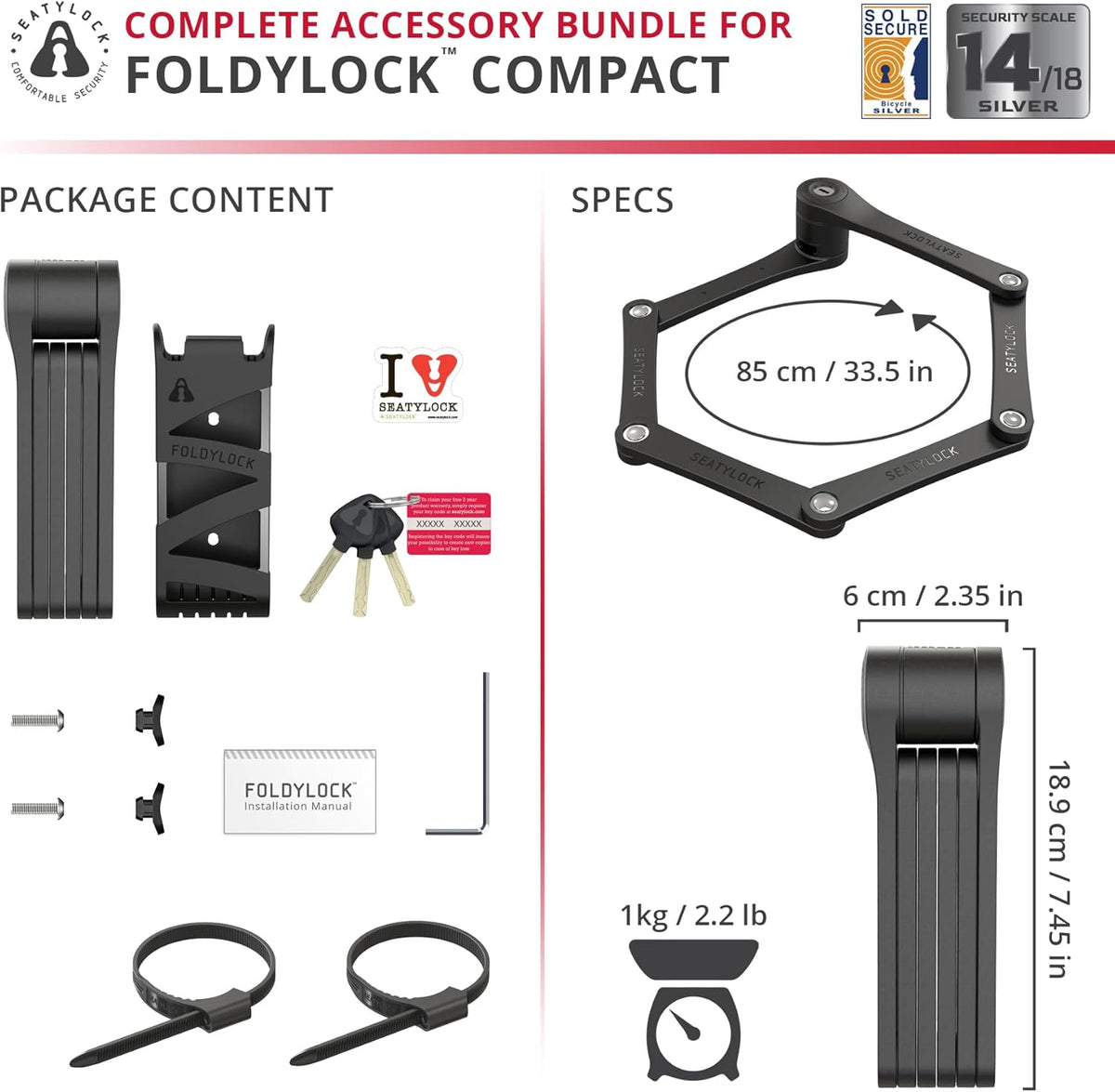 Seatylock FoldyLock Compact Folding Bike Lock - Lightweight, High-Security Design | Heavy-Duty Anti-Theft Protection with Keys & Case