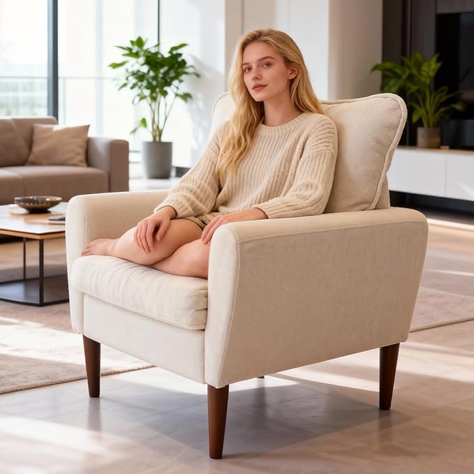 OLIXIS Comfy Accent Chair for Living Room Bedroom and Waiting Room, Upholstered Mid-Century Reading Chair with Pillow and Solid Wood Legs, Wide Singe Modern Lounge Sofa (Beige)