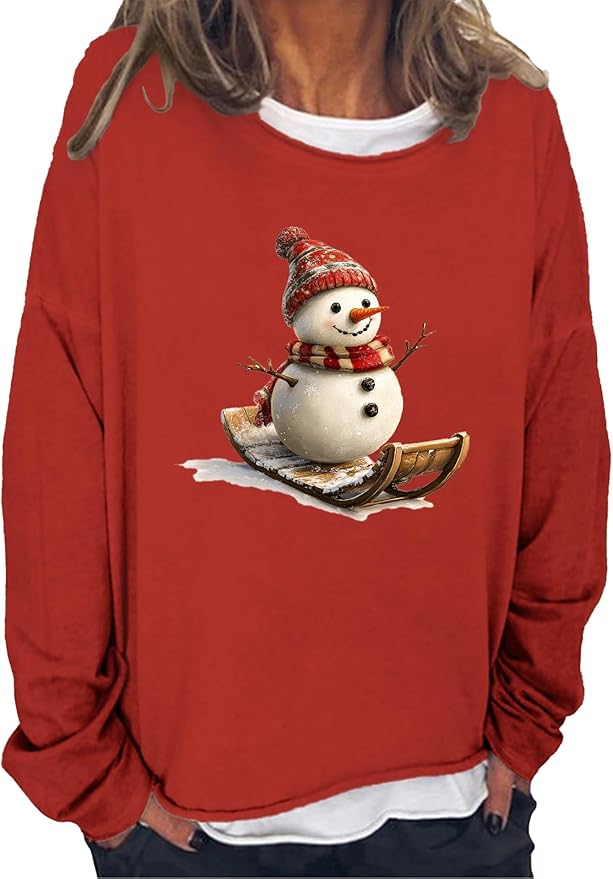 LOAIHA Christmas Shirts for Women Crewneck Snowman Snowflake Santa Graphic Shirts Christmas Tree Long Sleeve Xmas Hoodie