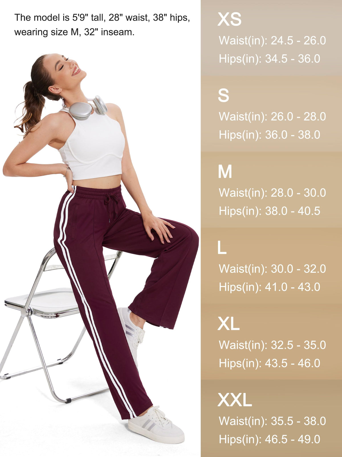 Tapata Extra Tall Woman 36" Inseam Stripes Sweat Pant High Waisted Drawstring Gym Exercise Lounge Joggers, Burgundy, XXL