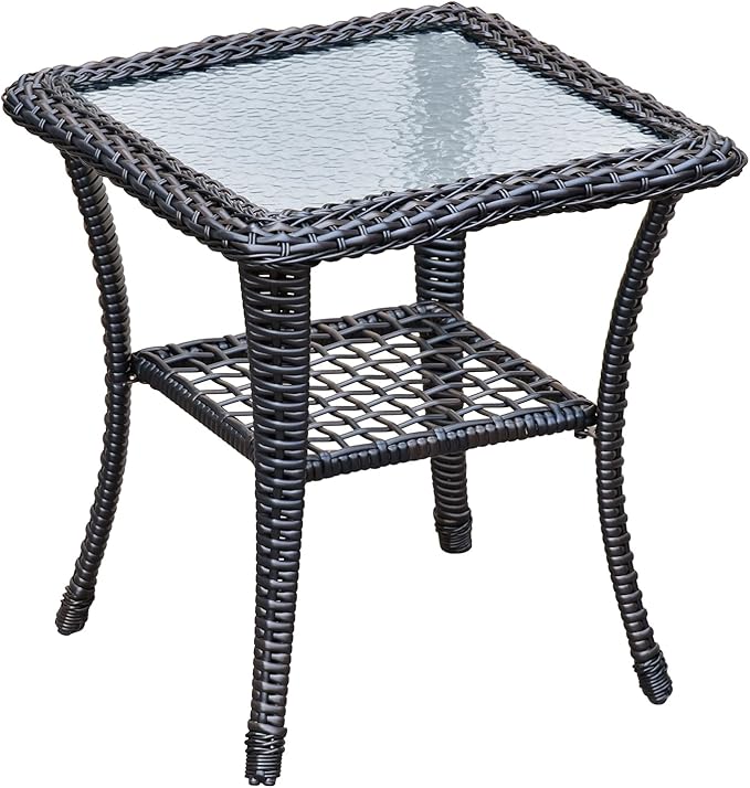 ATR ART TO REAL Outdoor Side Table, Indoor Outdoor Tempered Glass Top Wicker Coffee Bistro Table, All-Weather Patio Square Storage End Table, Steel Frame, 20''x 20''x20''