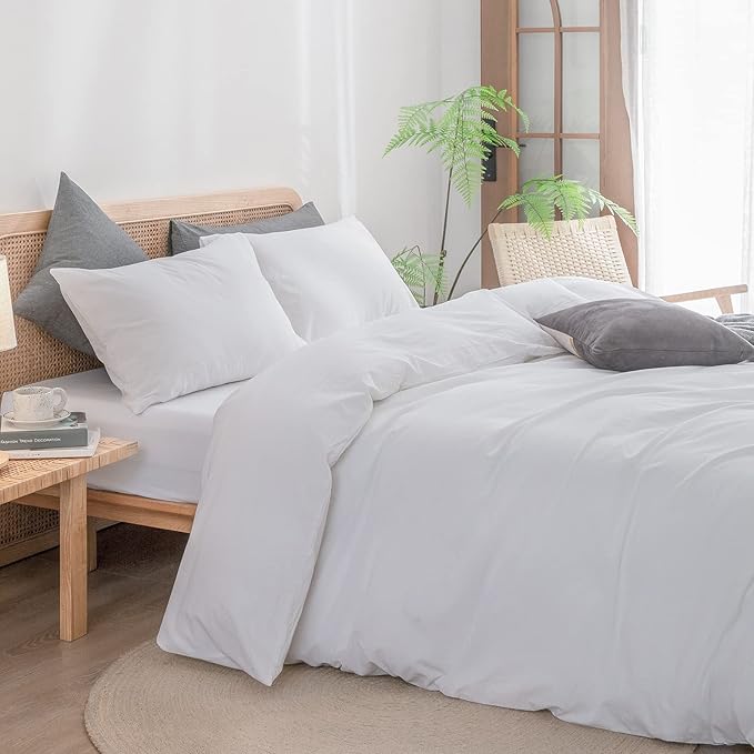 BESTOUCH Duvet Cover Set 100% Washed Cotton Linen Feel Super Soft Comfortable Chic Lightweight 2 PCs Home Bedding Set Solid Bright White Twin/Twin XL