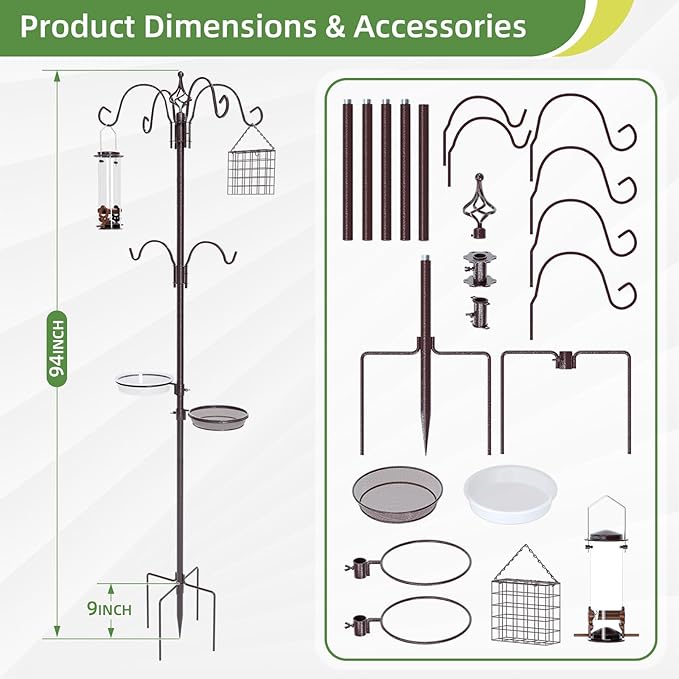 94" Bird Feeding Station Kit with Multiple Hooks, Heavy Duty Metal Bird Feeding Station with Seed Tray & Mesh Basket, Easy Assembly Ground Mounted Bird Feeder Pole for Garden Yard Outdoor