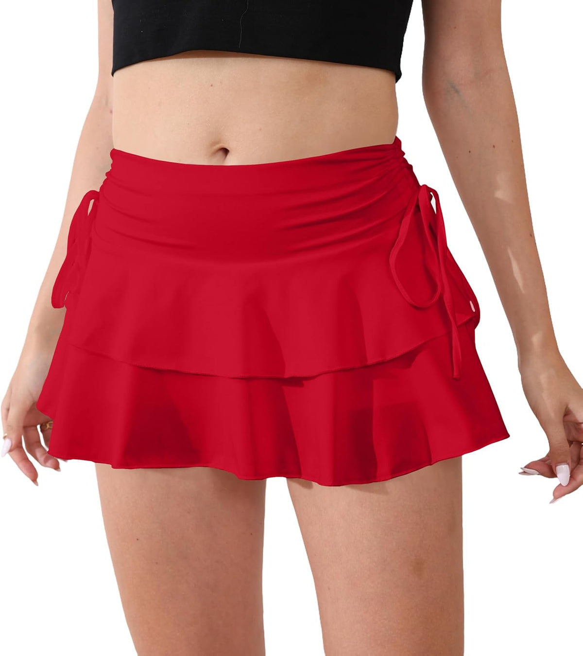 Skiennix Women's Y2K Mini Ruffle Skirt - Cute Tiered Design with Shorts & Elastic Waist | Bow Tie Detail
