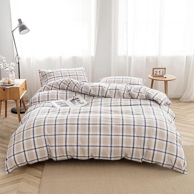 FACE TWO FACE Bedding Duvet Cover Set 3 Pieces 100% Washed Cotton Duvet Cover Linen Like Textured Breathable Durable Soft Comfy(King, Blue Grid)
