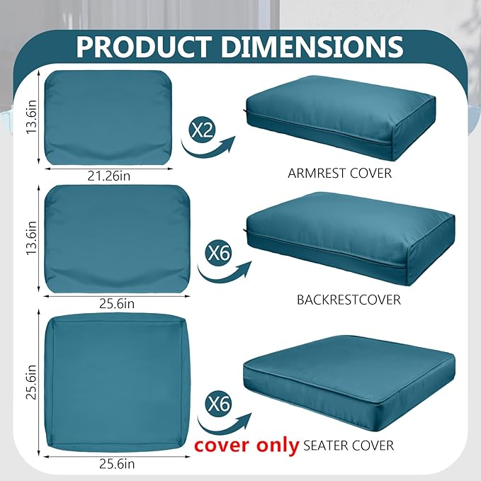 14 Piece Outdoor Patio Waterproof Cushion Covers, Fits 6-Seat Wicker Rattan Sectional Couch Chair Furniture Cover Replacement Set - Fade-Resistant Patio Cushion Covers with Zipper