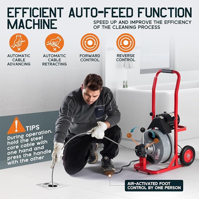 Albott 50 FT x 1/2 inch Electric Drain Cleaner Machine with Auto-Feed & 10 Cutters, Sewer Snake Auger for 1–4 Inch Pipes, Foot Switch & Wheels, Ideal for Home & Commercial Use, Gray/Red