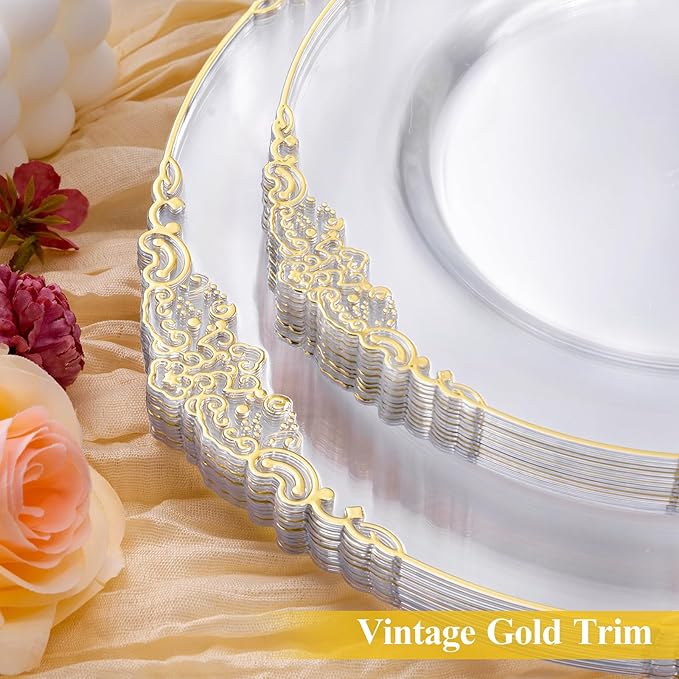 200 PCS Clear and Gold Plastic Plates for 100 Guests, Elegant Clear Disposable Plates with Gold Trim, Include 100 PCS Dinner Plates, 100 PCS Dessert Plates for Party, Birthday and Graduation