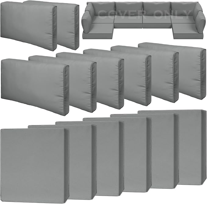 14 Piece Outdoor Patio Waterproof Cushion Covers, Fits 6-Seat Wicker Rattan Sectional Couch Chair Furniture Cover Replacement Set - Fade-Resistant Patio Cushion Covers with Zipper